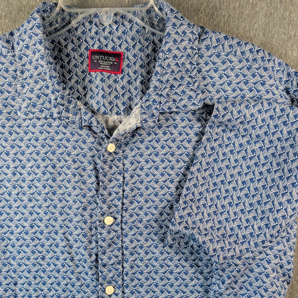 UNTUCKit Blue Wave Linen Short Sleeve Shirt Button 2XL Stroller Beach Preppy EUC
